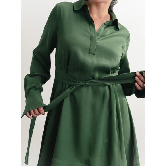 NEW Darling Green Long Sleeve Button Collar Tie Waist Belted Mini Shirt Dress S - Picture 4 of 8